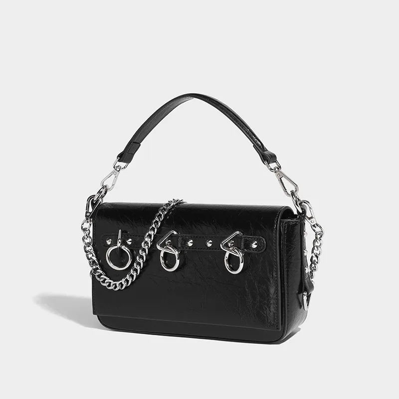 

2025 New Spice Girl Metal Oil Wax Leather Locomotive Bag Willow Nails Small Shoulder Portable Crossbody Tote Bag