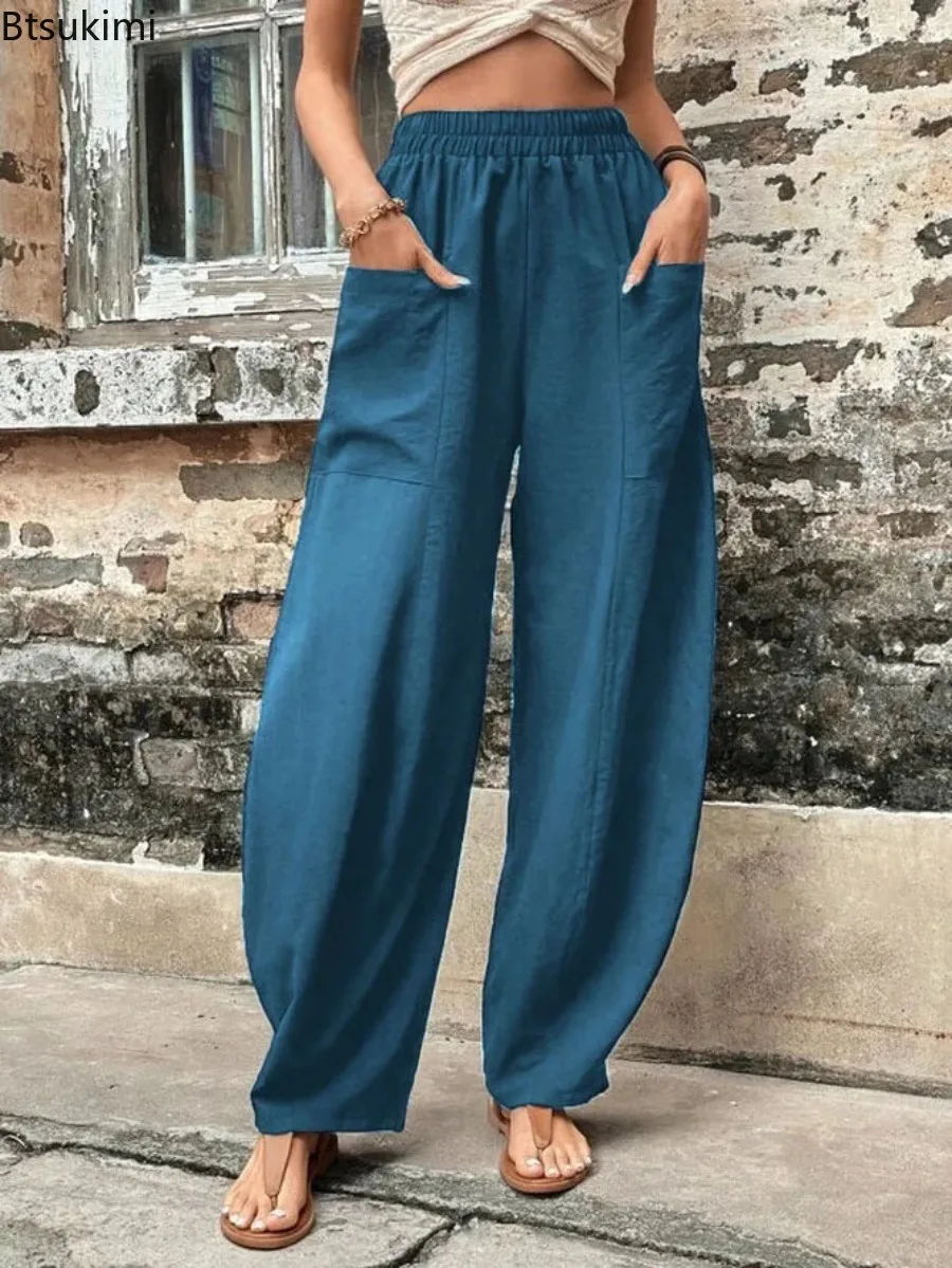 

2024 New Women's Solid Casual Long Pants Elastic Waist Loose Wide Leg Big Pockets Trousers Females Baggy Sweatpants Women Pants