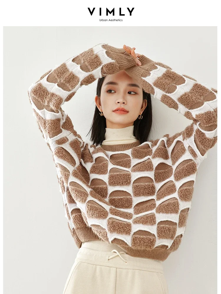 Vimly Khaki O-neck Female Sweater Women's Long Sleeve Top Knitted Pullovers 2023 Winter Fashion Loose Knitwear Jumpers 72576