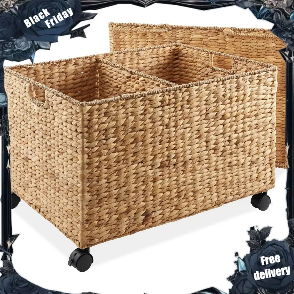 Rolling Storage Basket Cart with Lid and Locking Wheels, Natural - Handwoven Water Hyacinth Divided Recycling Sorting Bin