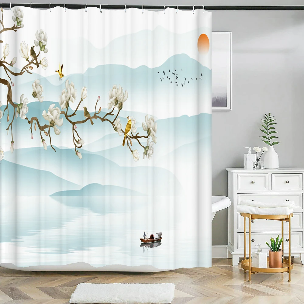 Chinese ink landscape style shower curtain scenic pattern Waterproof Fabric bath curtain washable Bathroom curtains Multi Size