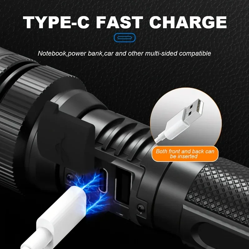 Ultra Bright LED Flashlight Tactical Zoom Torch USB Type-C Rechargeable High-Intensity Emergency Light with Aluminum Lamp Shade