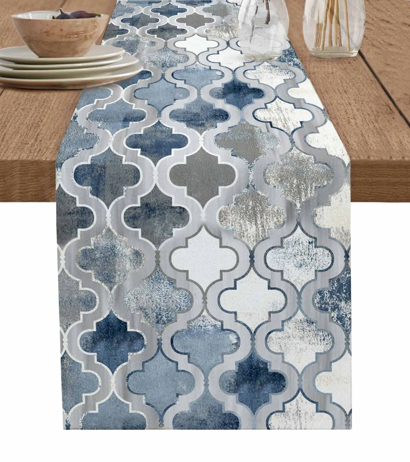 Painted Mottled Modern Morocco Blue Table Runners for Dining Room Coffee Decoration Tablecloth 4/6 Pcs Placemats Table Cover