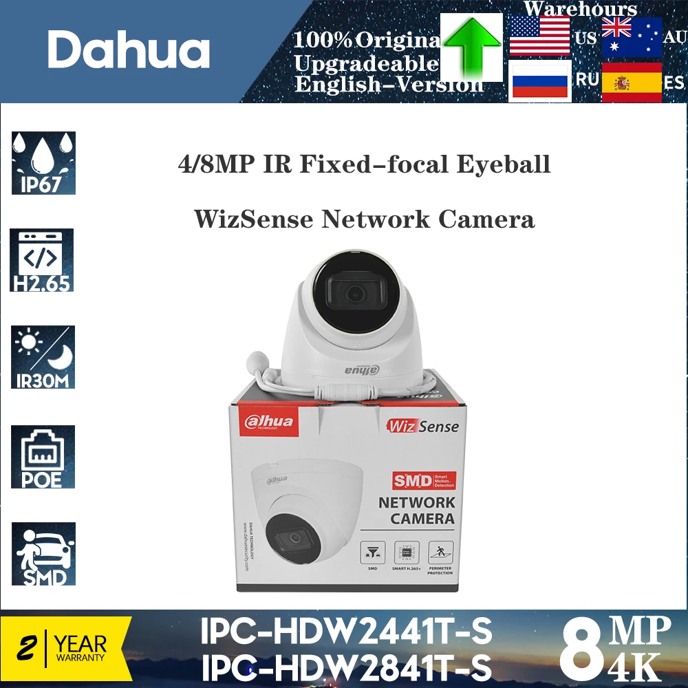 Telecamera originale Dahua 4K 8MP IR Poe IPC-HDW2841T-S Starlight WizSense Ip Camera Built-Mic IR30M IP67 telecamera di sorveglianza del bulbo