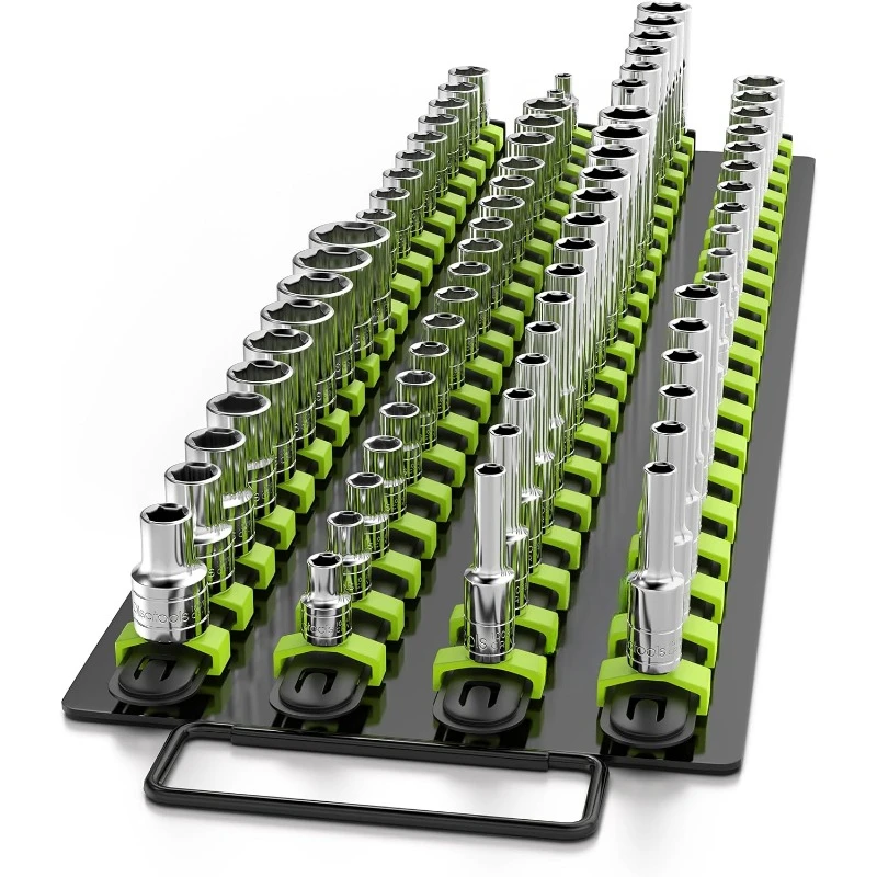 Portable Socket Organizer Tray | Black Rails with Green Clips | Holds 80 Sockets | Professional Quality Socket Holder