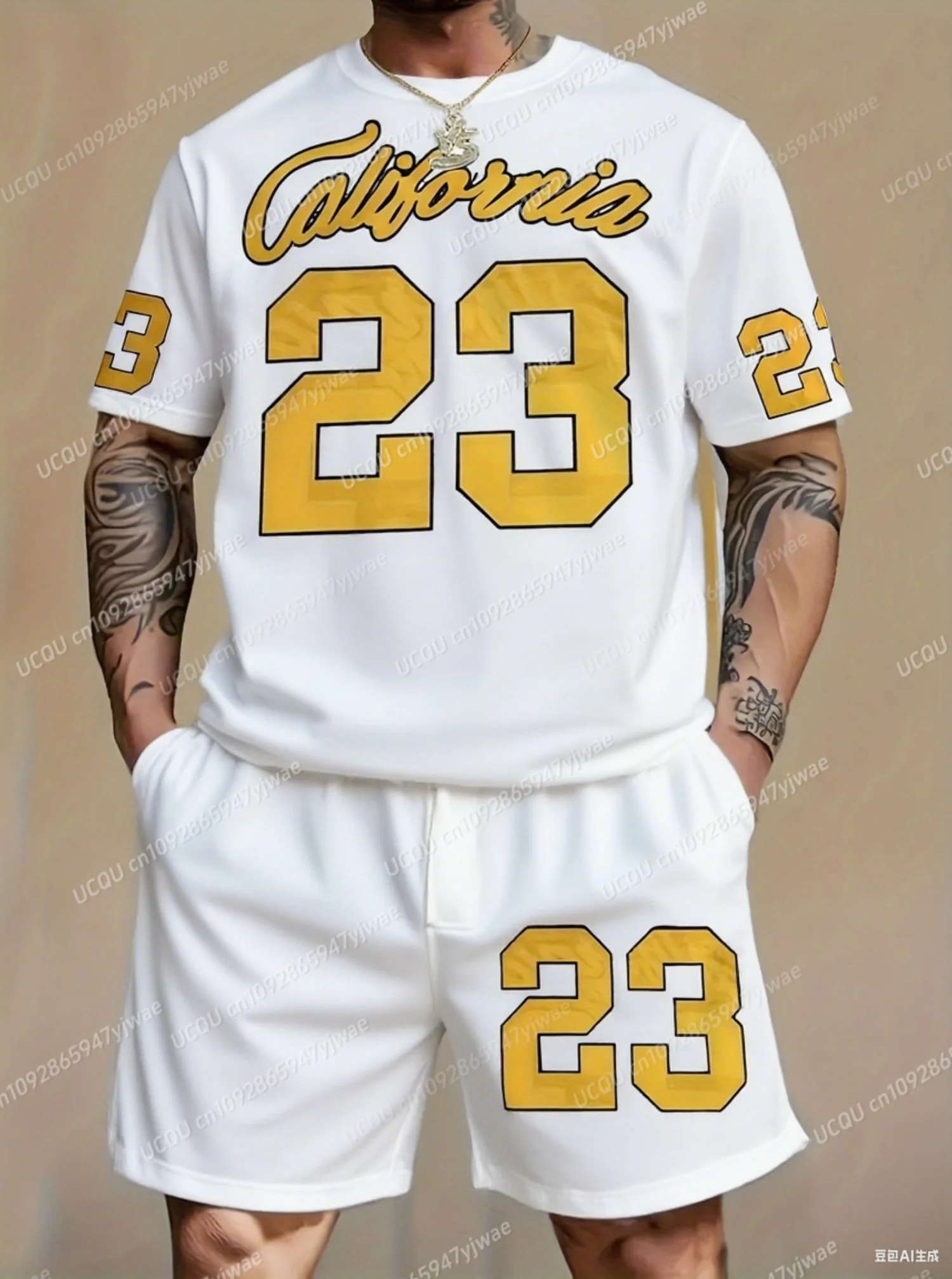 2025 Summer NO.23 California Print Men's Tracksuit 2 Pieces Set Casual Sport T-Shirt Shorts Set Men's Jogging Men Clothes