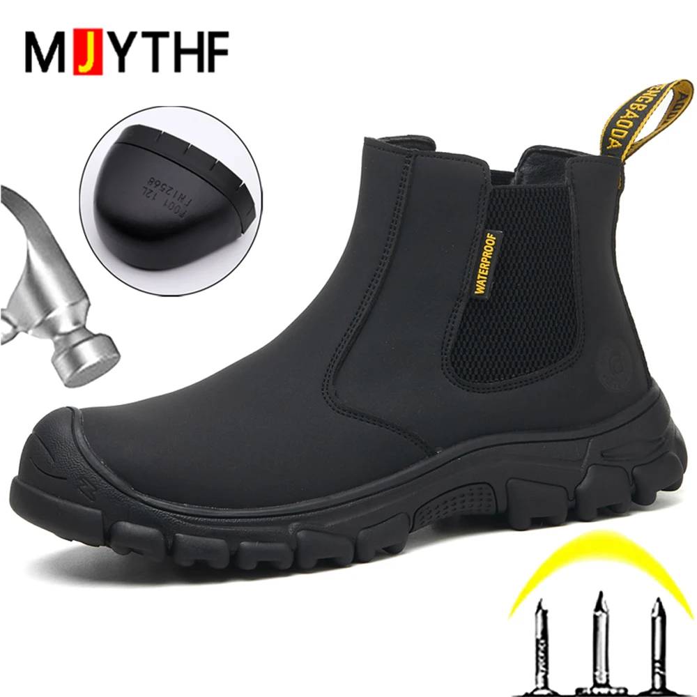 Waterproof Work Boots Men Puncture-Proof Safety Shoes Spark-Proof Welding Shoes Leather Boots Indestructible Shoes Chelsea Boots