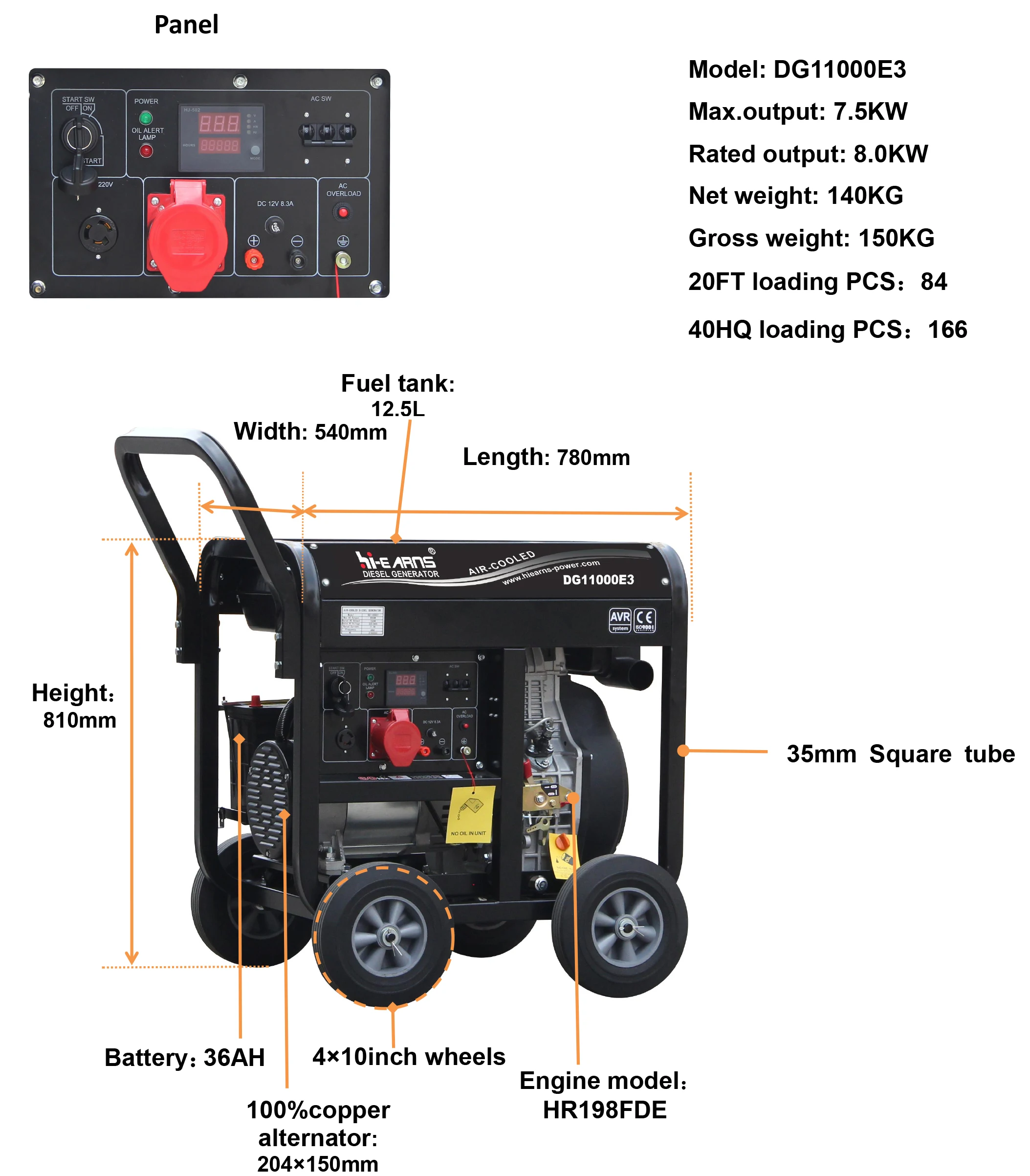 portable open frame type single cylinder die·sel generator 8KW