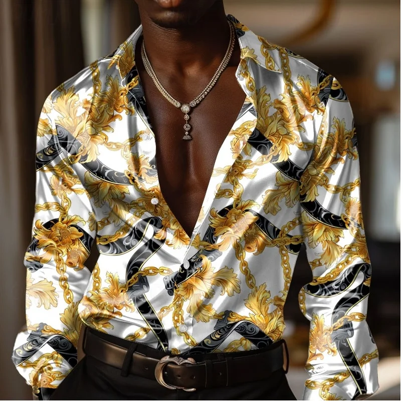 Men's Baroque satin shirt, men's long sleeved fashionable casual formal wear, vacation dinner party, summer spring and autumn co