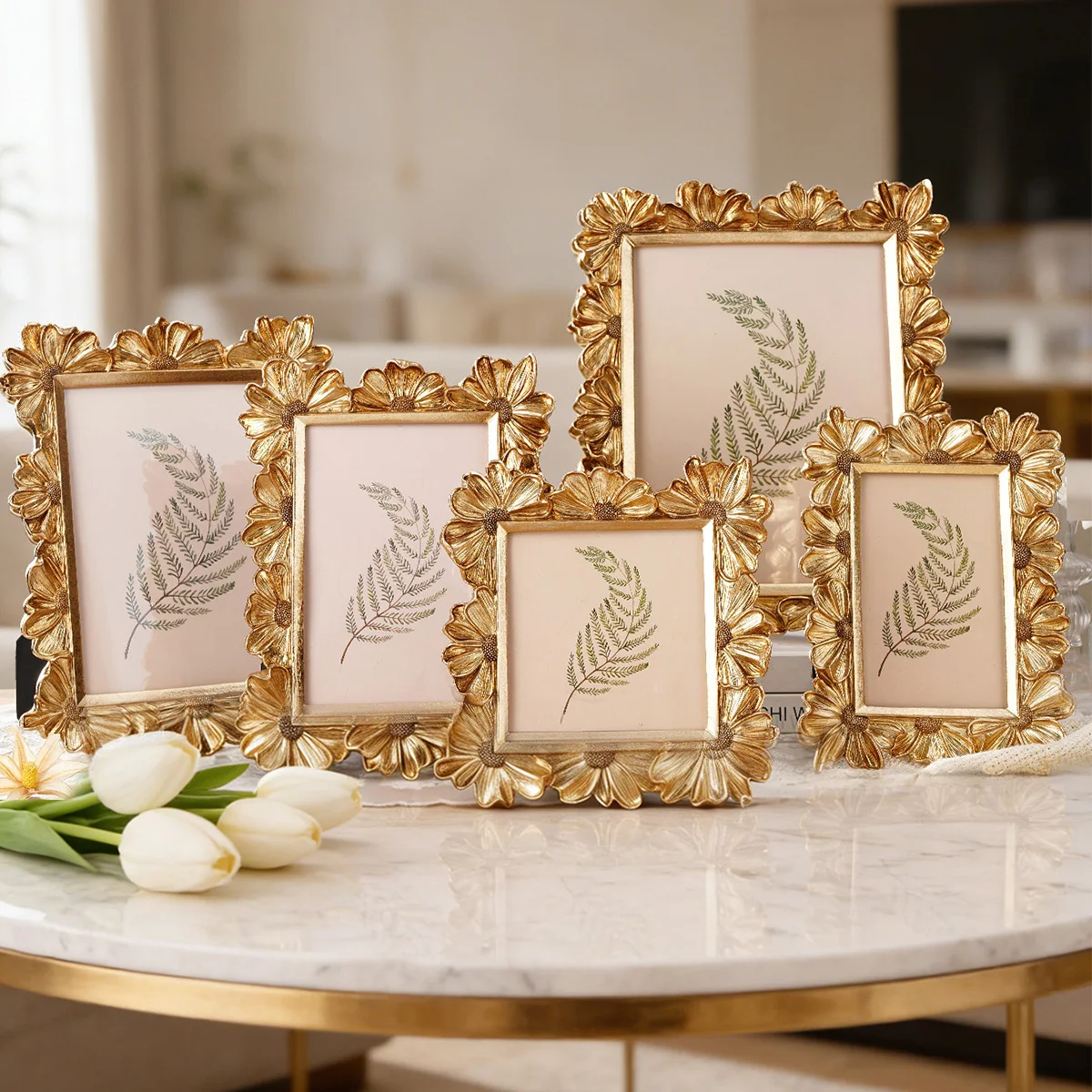 1PC, European-style Golden Three-dimensional Daisy Engraved Decorative Photo Frame, Resin Material Flower Photo Display Frame