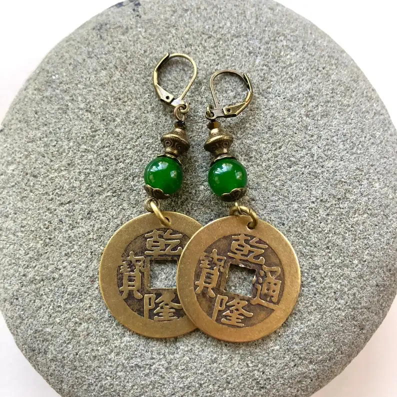 JADE - Forest Green - Coin Earrings - Good Luck Earrings - Asian Fashion - Boho Vibe - Chinese Lunar New Year Gift