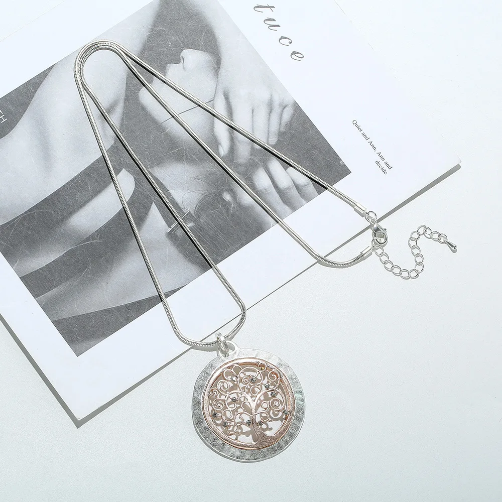 Crystal Tree of Life Pendant Necklace Hollow Out Round Long Necklace Pendant Wedding Jewelry for Women