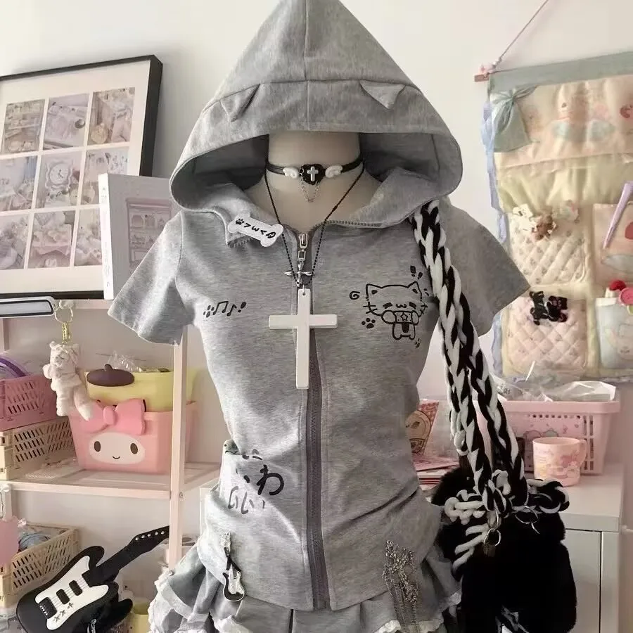 

Harajuku Lolita Thin Short Sleeve T-Shirts Women Kawaii Vintage Casual Slim Hooded Tops Gothic Female Sweet New Zipper Y2k Tops