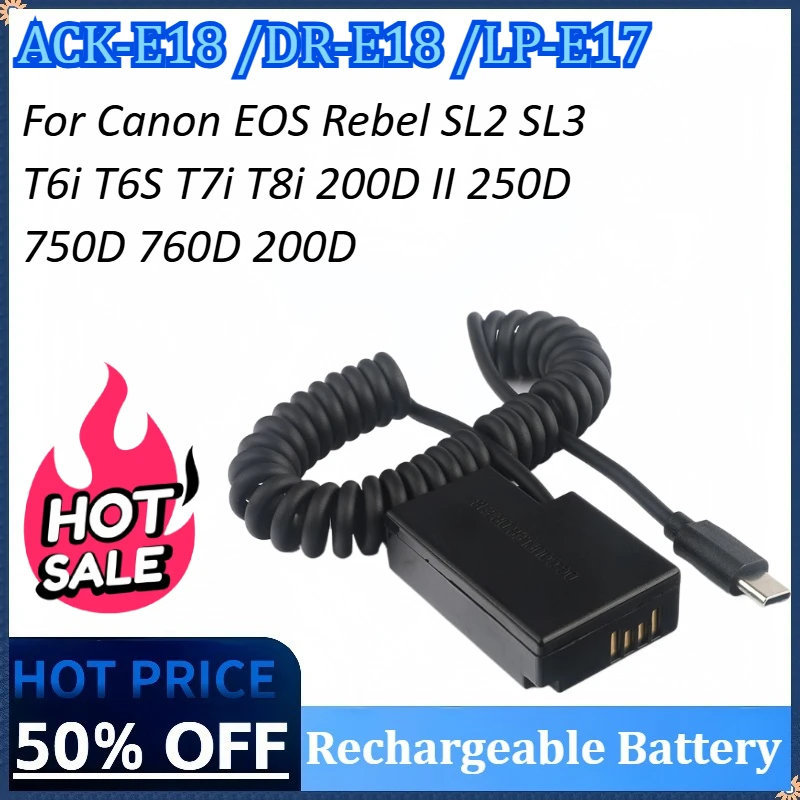 

ACK-E18 DR-E18 LP-E17 Dummy Battery Type-C Cable Coupler for Canon EOS Rebel SL2 SL3 T6i T6S T7i T8i 200D II 250D 750D 760D 200D