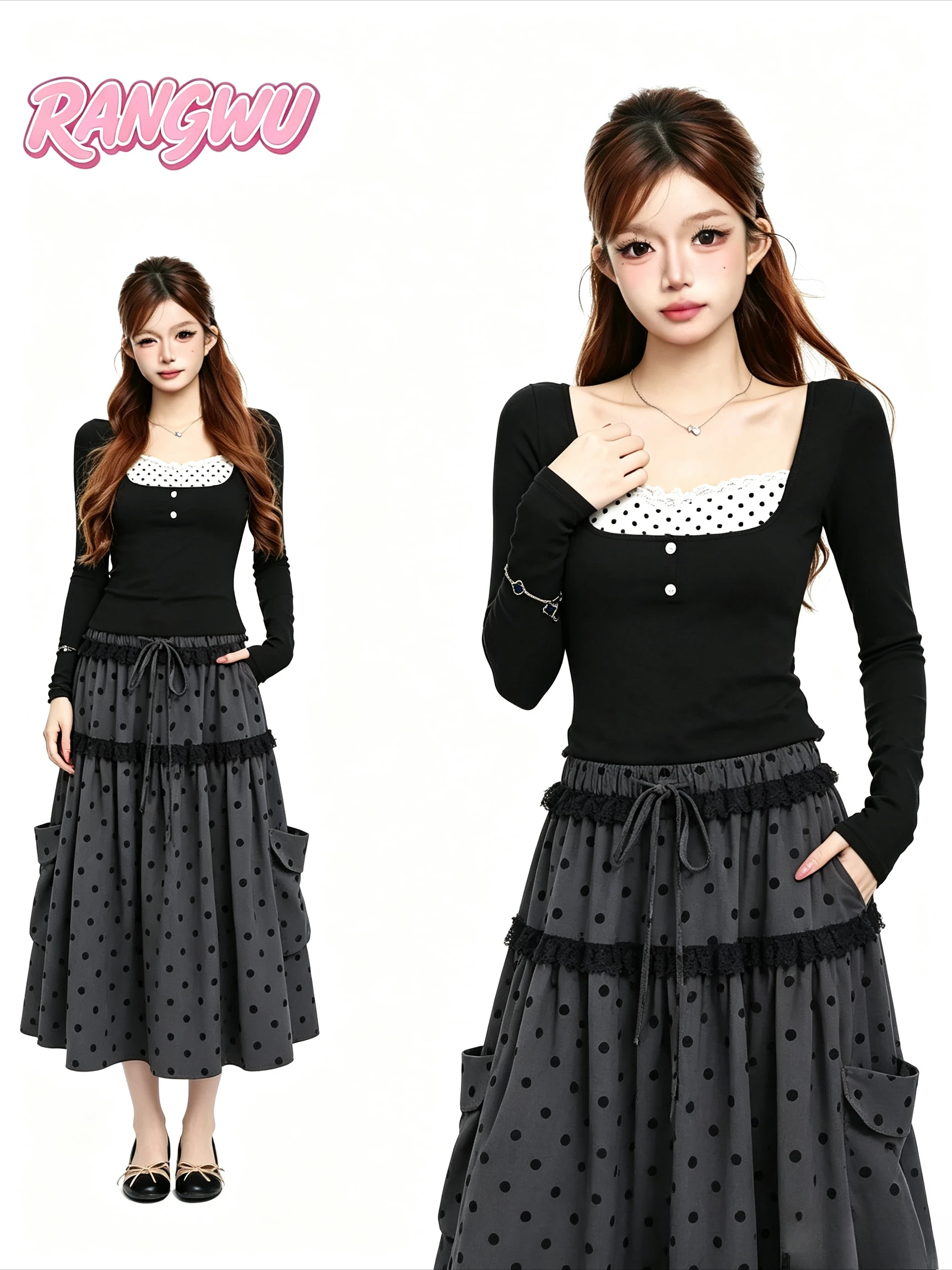 Vintage Harajuku Y2K Two Piece Set Spicy Girls Slim Patchwork Top Sweet Polka Dot A‑line Skirt Daily Streetwear Matching Suit