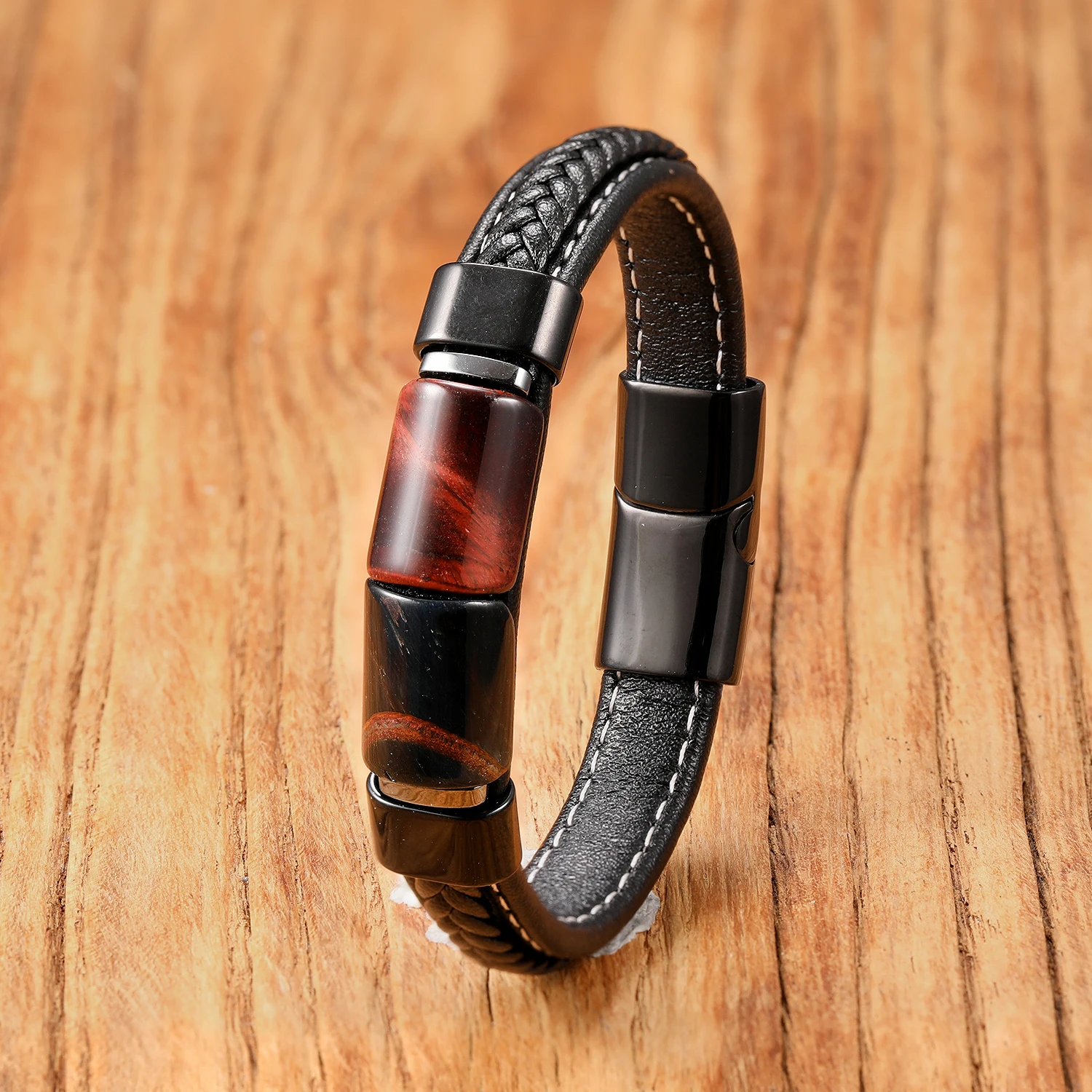 Natürliches Tigerauge-Steinarmband für Männer Hochwertiger Edelstahl Lederband Energiestein Pulseras Hombre Geschenk für Ihn – Detail 8
