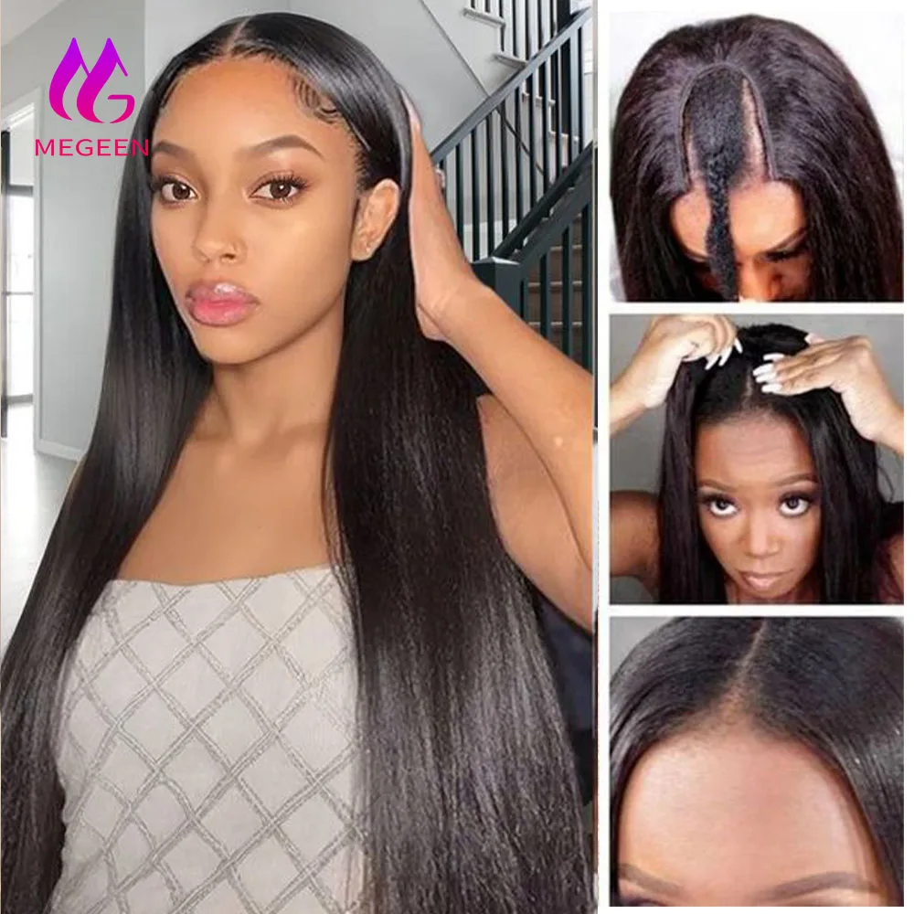 

Megeen Stright 18-30Inch 1B Black U Part Wig Human Hair Brazilian Virgin Hair Machine Wig For Women Easy Install Small Leave Out