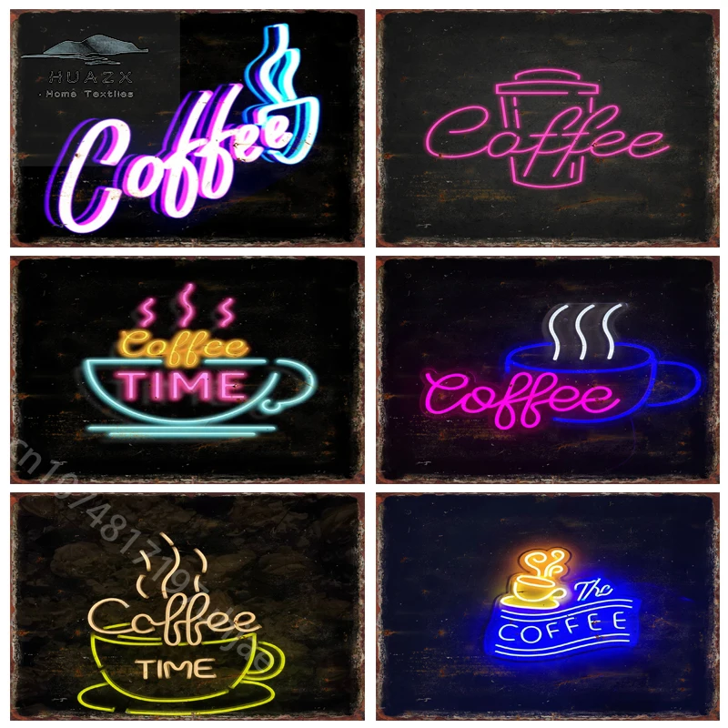 Coffee Neon Metal Tin Signs Vintage Posters Kitchen Living Room Wall Art Decoration Bedroom Office Cafe Plaques Home Accessories