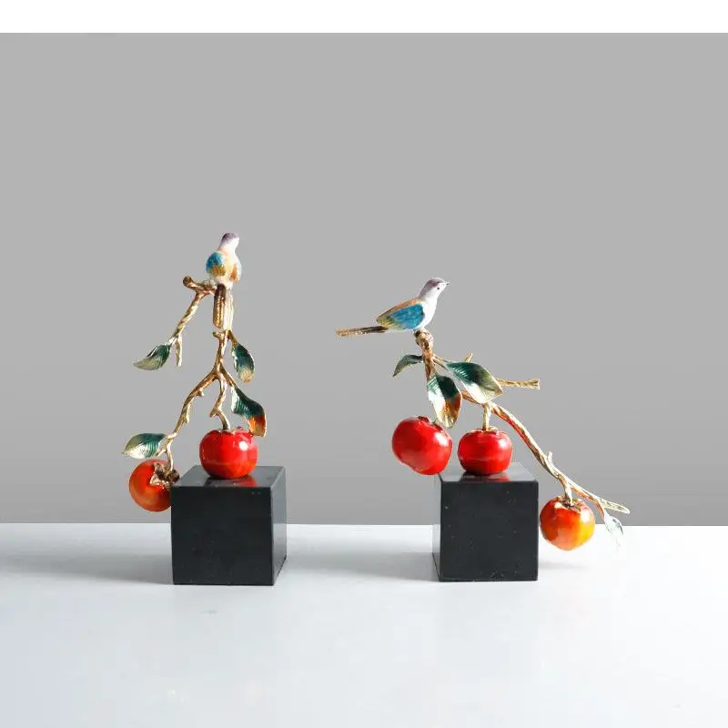 Painted Birds Alloy Sculpture Gilded Persimmon Tree Crafts Ornaments Room Aesthetics Decor Desk Decoration Crystal Statue