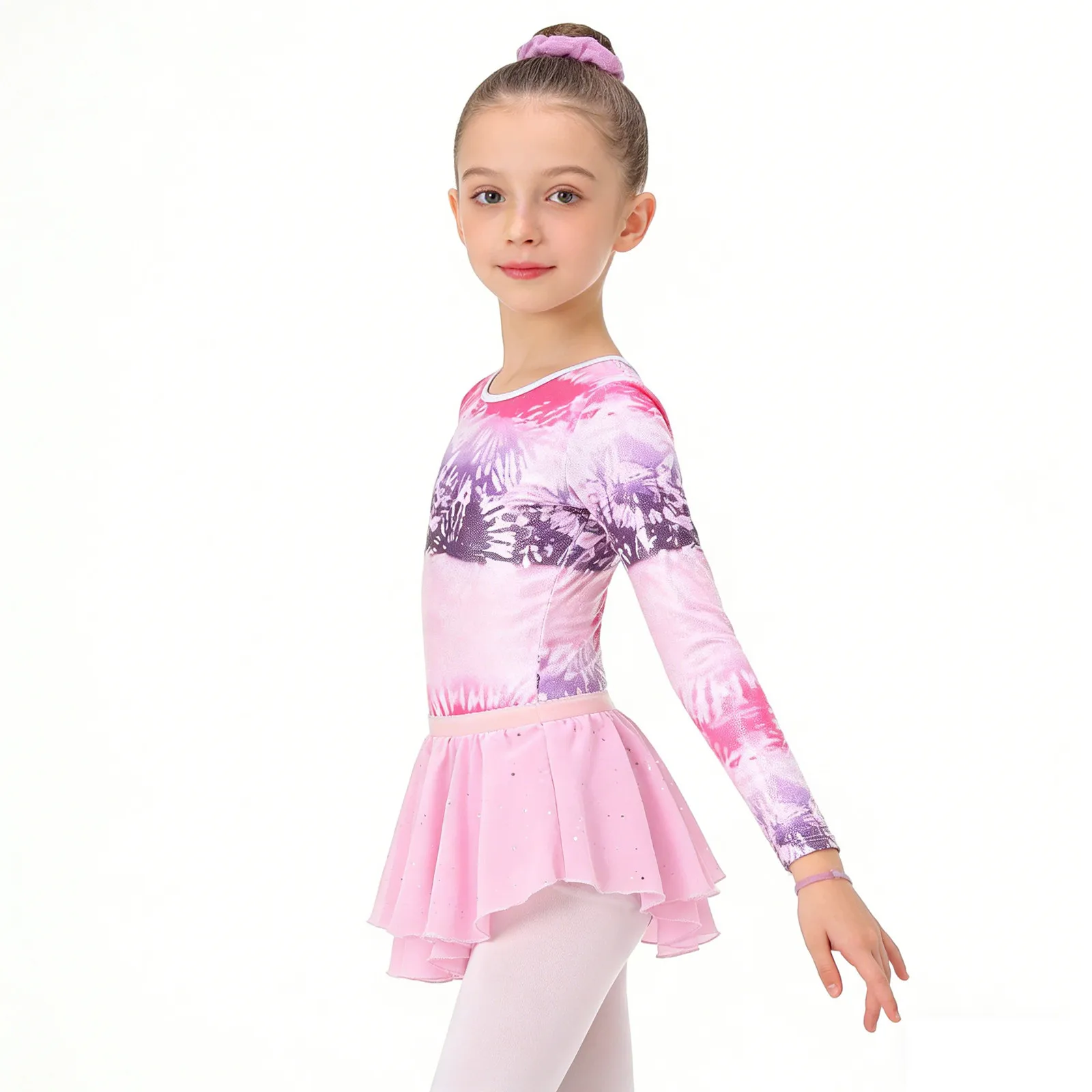 

Детские гимнастические купальники для девочек, костюмы для балета и танцев, металлический купальник с длинными рукавами и принтом, юбка с блестками и повязка для волос, танцевальная одежда