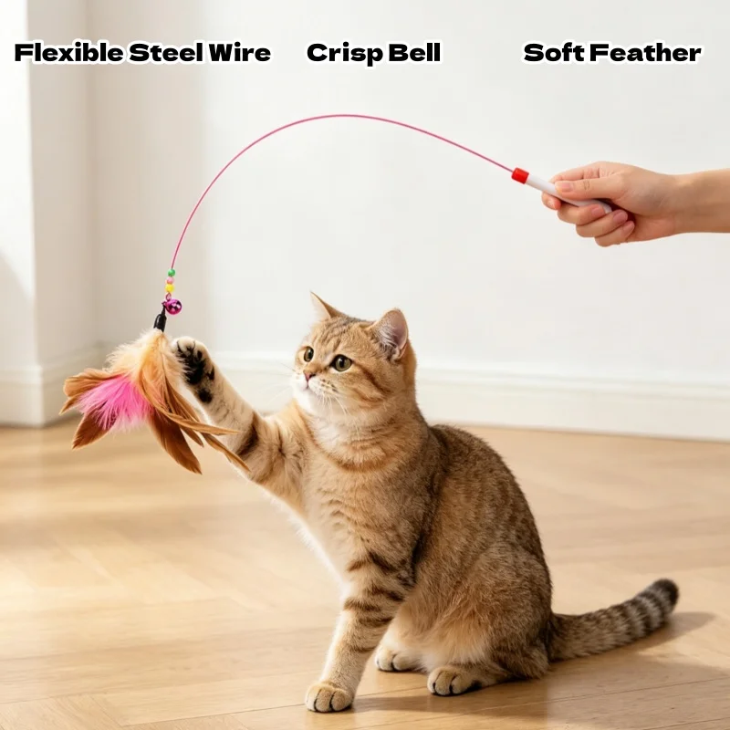 New Interactive Steel Wire Cat Teasing Stick with Butterfly Feather And Teasing Bell Cute Pet Toy for Fun