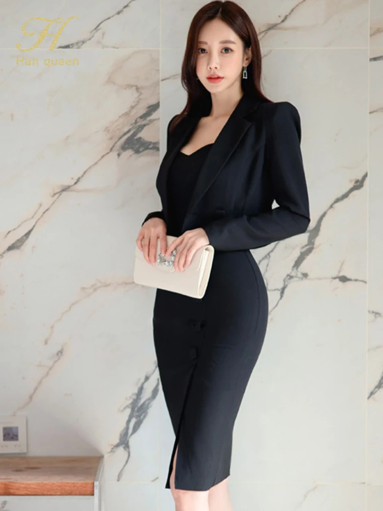 H Han Queen Summer Vestidos Korean 2 Pieces Suit Coat And Suspenders Fashion Professional Dress Women Sheath Pencil Dresses