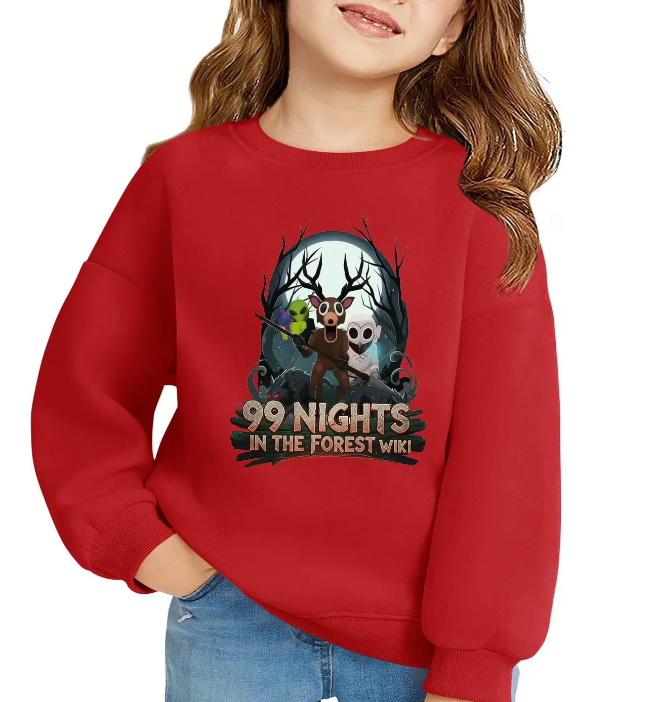New 99 Night in The Forest Printed Sweatshirt Baby Boys Long Sleeve Crew Neck Tops Kids Cartoon Pullovers Children's Clothing
