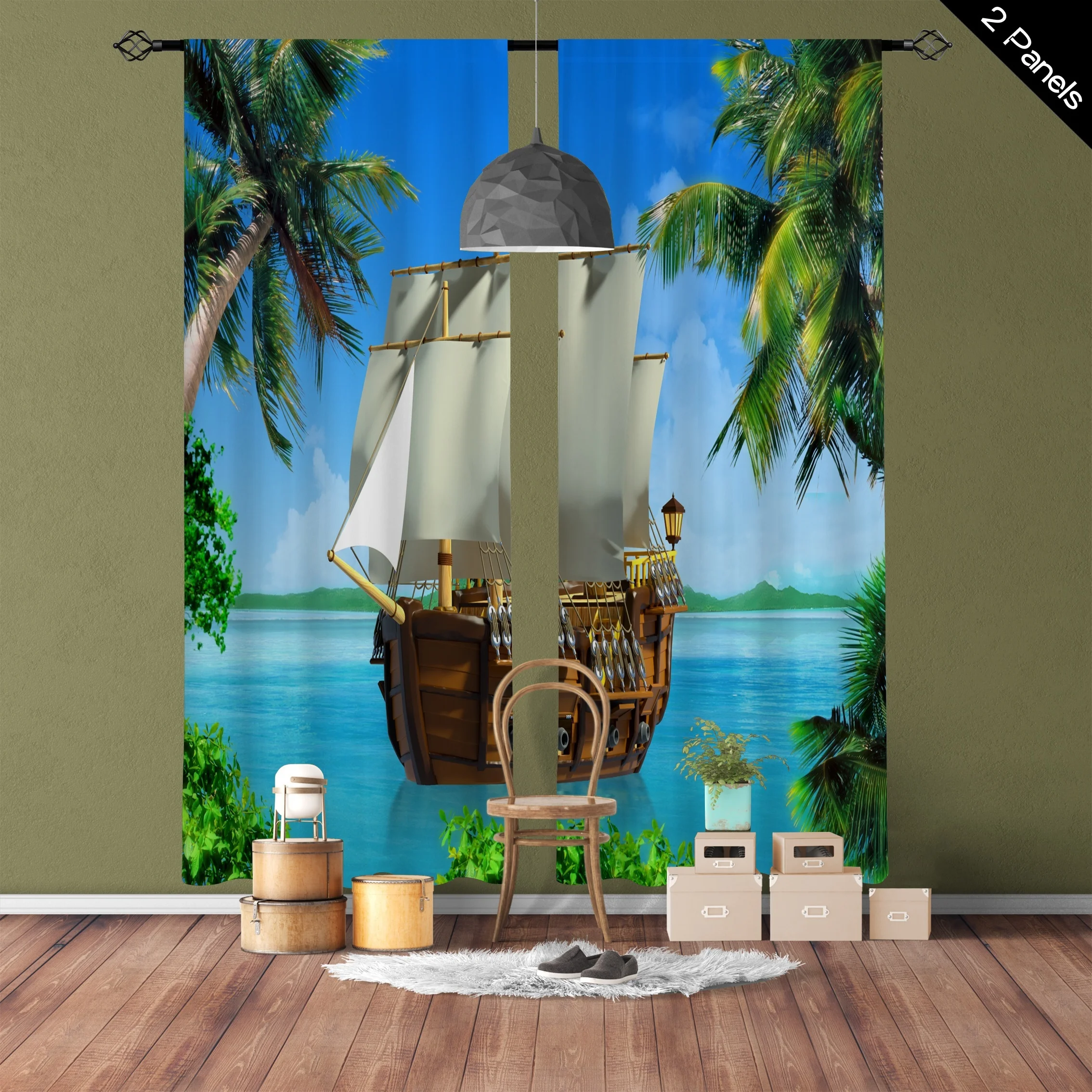 2panels Palm Sailboat Nautical Sea Pattern Printed Translucent Curtain Living Room Playroom Bedroom Kitchen Multi-scene Windows