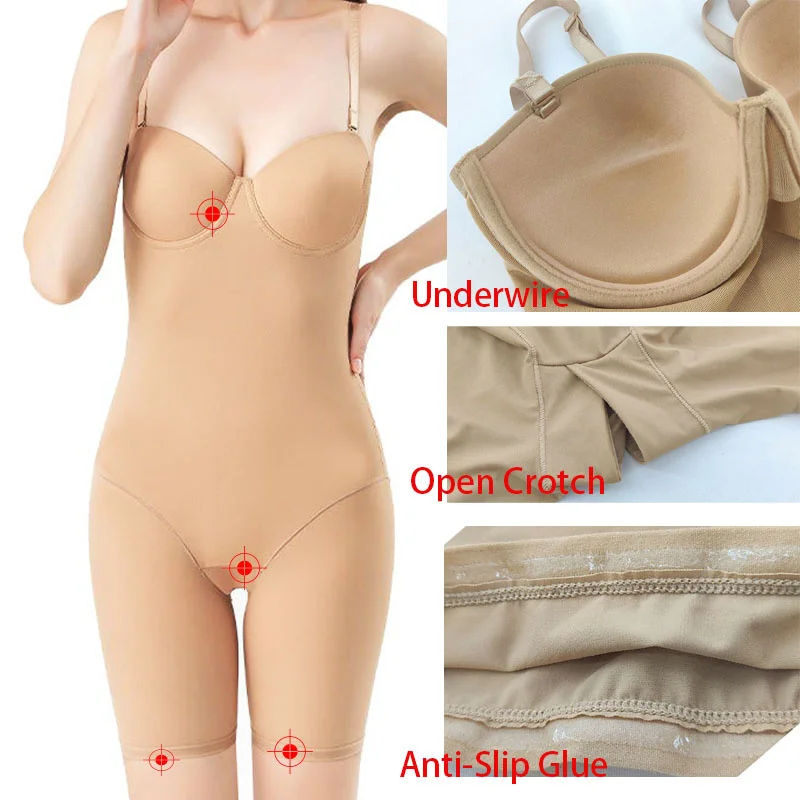 Dimmkof Boyshorts Bodysuit with Padded Underwire Cup Shapewear Open Crotch Low Back Backless Bodysuits Outfit Adjustable Straps