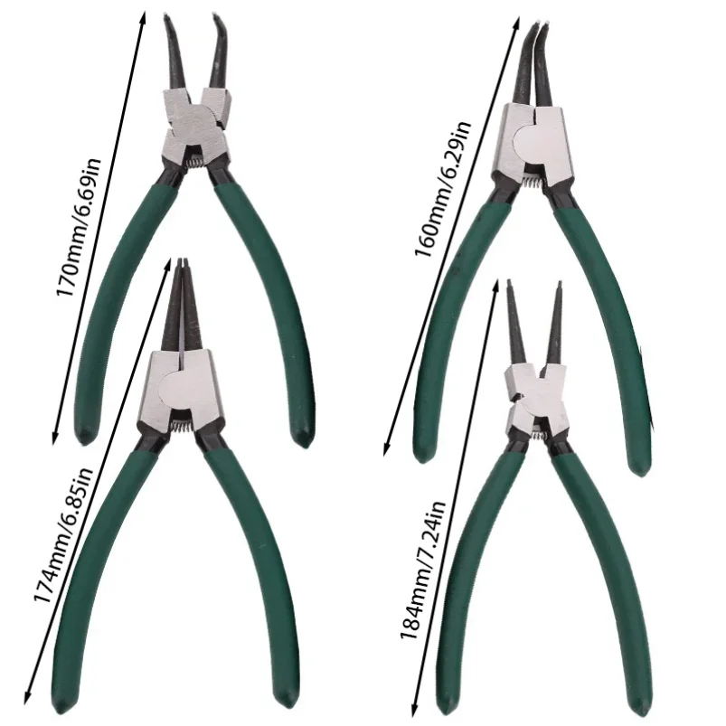 4-piece retaining ring pliers set, retaining ring and spring removal tools, inner and outer retaining ring bending pliers.