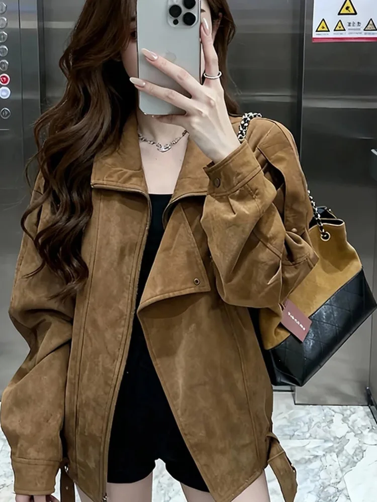 Women Faux Leather Coats Solid Jacket Turn Down Collar Long Sleeves Zipper Hem Belt Loose Fit Moto Streetwear 2026 Autumn Winter