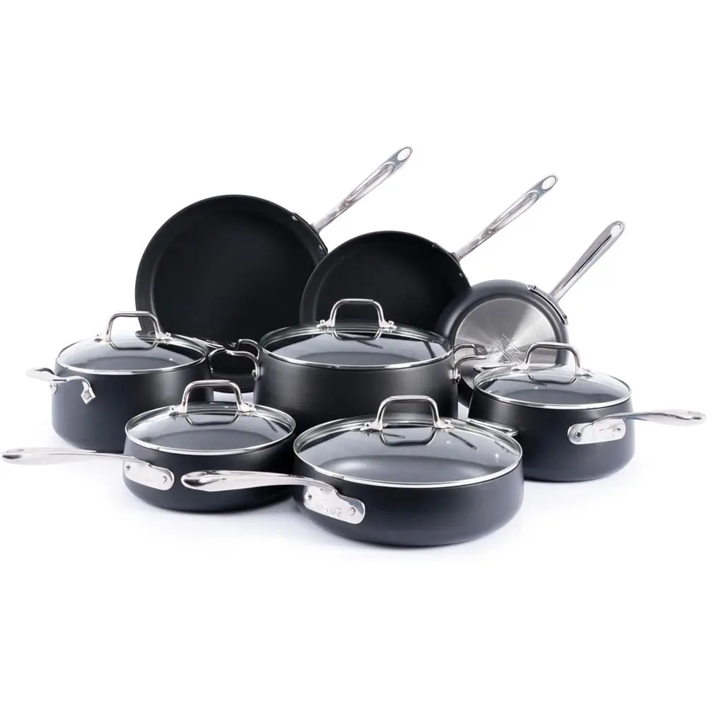 

13-Piece HA1 ExHard Anodized Nonstick Cookware Set: Pots, Pans, Dishwasher and Oven Safe, Compatible with All Stoves - Black