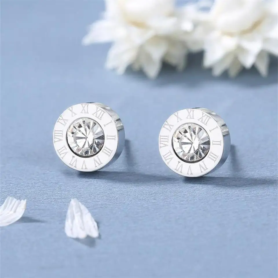 UILZ Roman Numerals Delicate Rhinestone Decor Stud Earrings For Women Classic Simple Shiny Crystal Daily Jewellery Gift