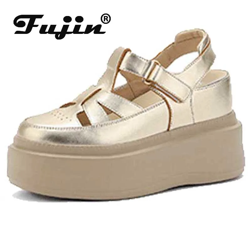 

Fujin 14cm 12cm 10cm Platform Wedge Retro British Women Fashion Mules Ins Hot Sell Genuine Leather Weave Sandals Shoes Summer