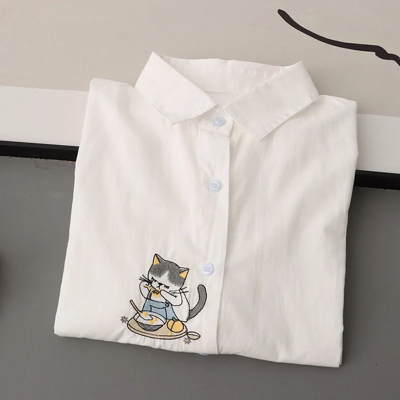 

Women's top mori girls Japan cotton animal embroider blouse long sleeve cartoon cats kittens embroider shirts and blouses