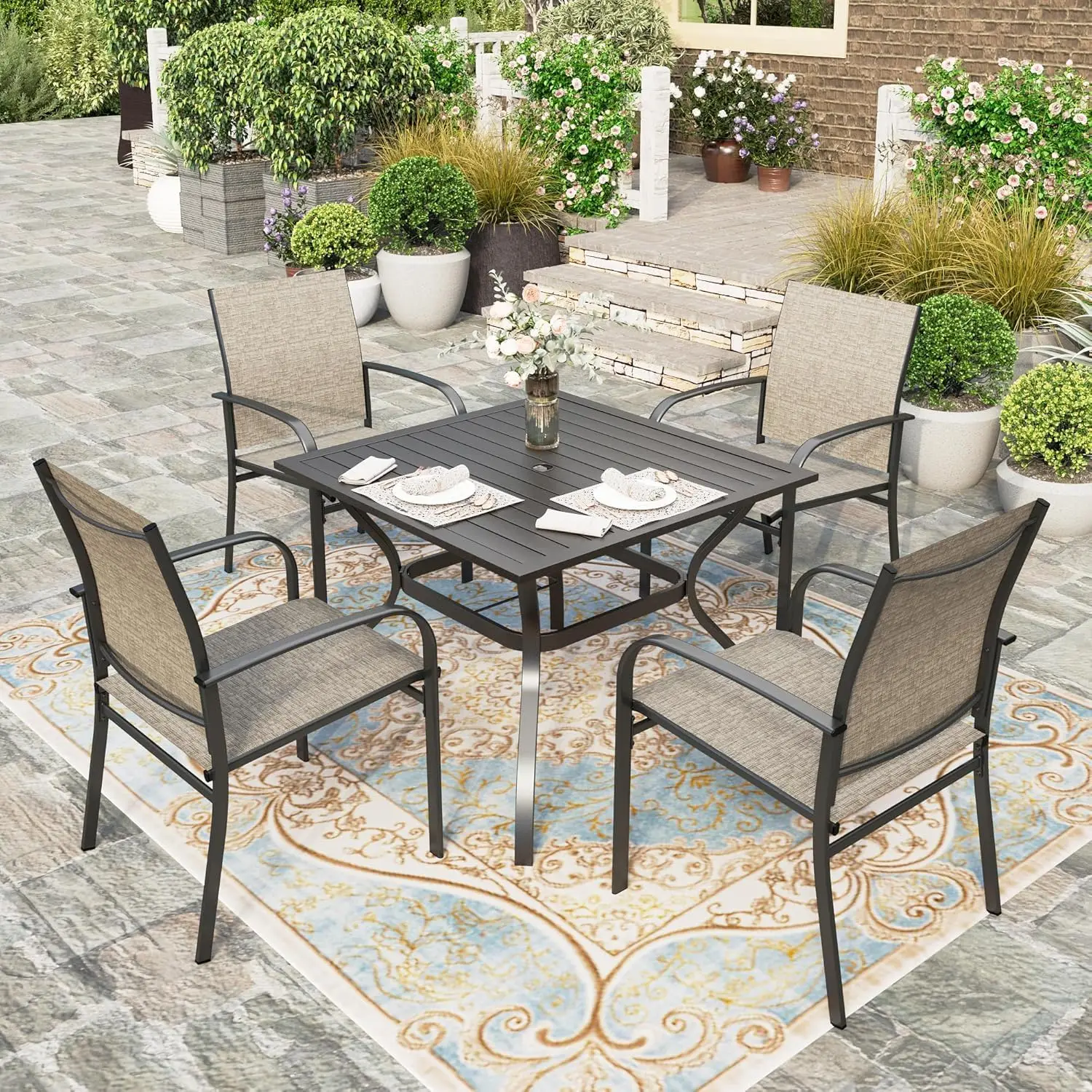 

Patio Table and Chairs for 4, 5 Pieces Outdoor Deck Dining Sets, Square Metal Table Set with Chairs for Lawn Garden Backyard, Br