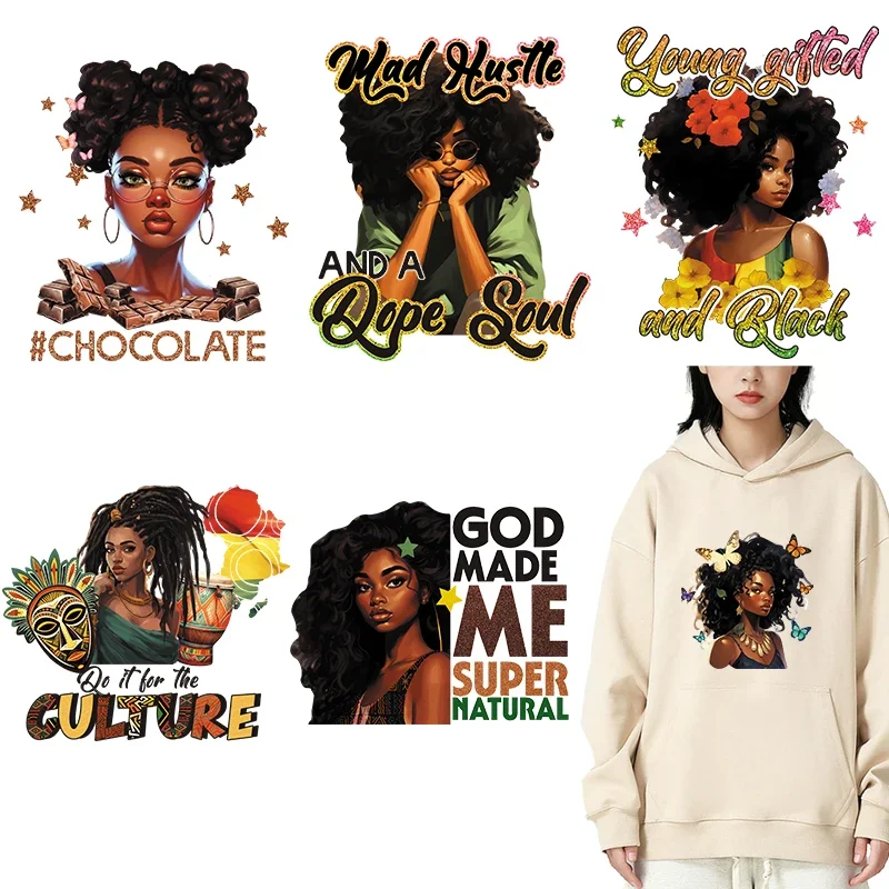 Black Queen African Girl DTF Thermo Sticker Decals Heat Transfer On Clothes Iron On Patch For Hoodies Press Printing