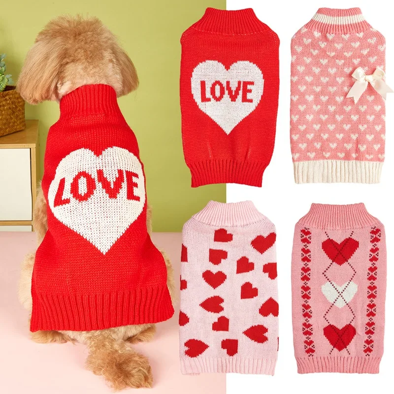 Warm Pet Pullover Turtleneck Holiday Apparel Clothes Heart Knitted Sweater Valentines Day Puppy Love Sweater