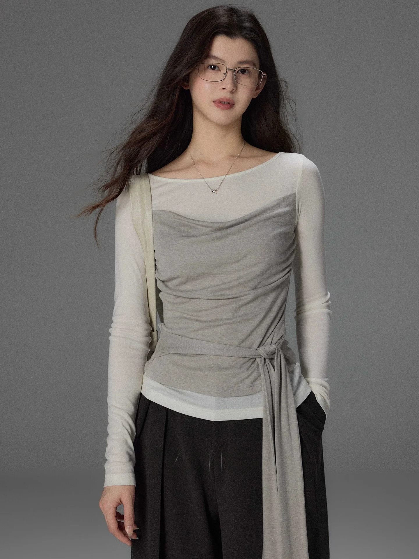 

Женская футболка Two eep Design Mis Glass Color Blo с эффектом двухслойности, длинный рукав, смесовая ткань из шелка и шерсти, дышащая, комфортная