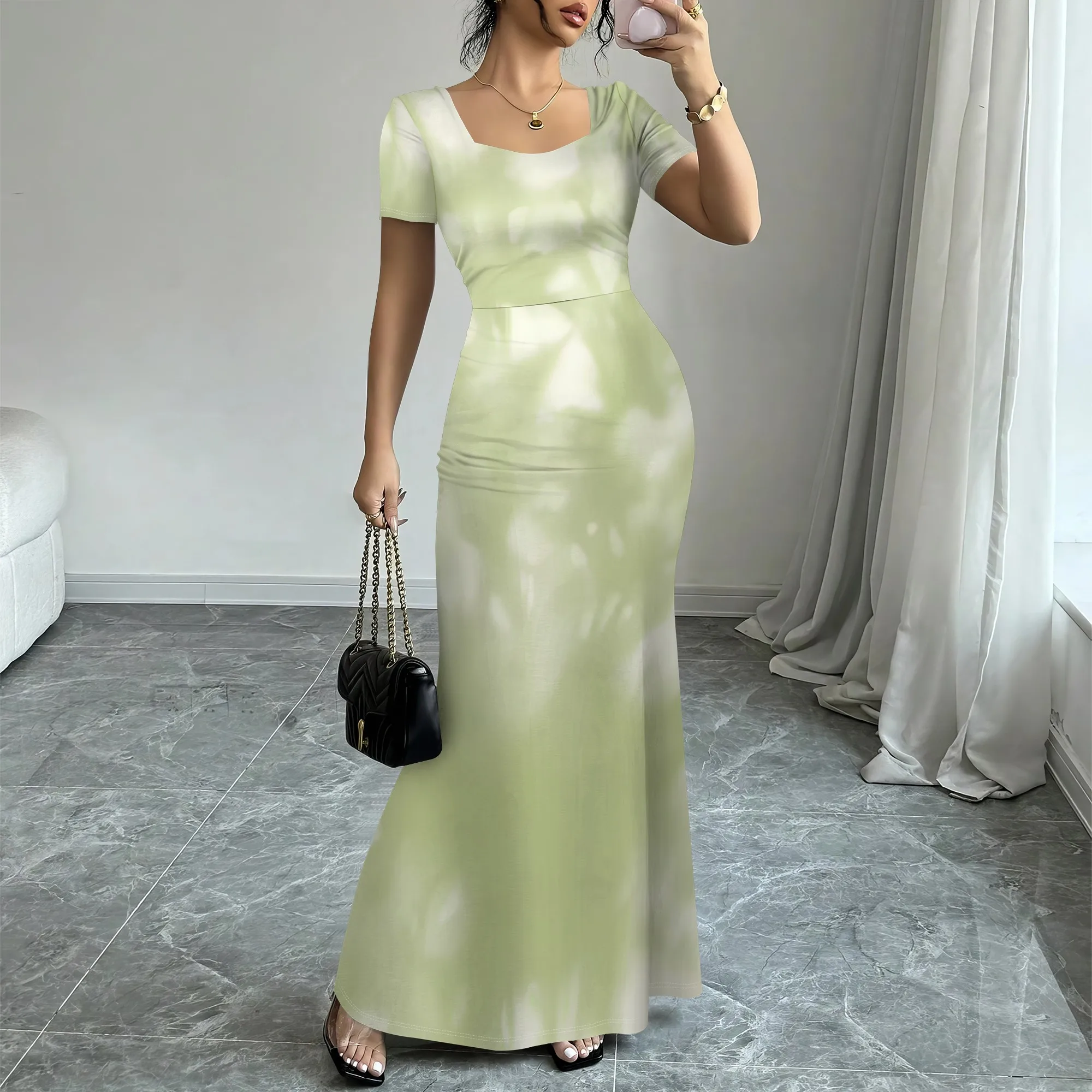 

Nupusa Tie Dye Print Dress for Women Standard Size Summer Casual Square Neck Short Sleeve Maxi Dress