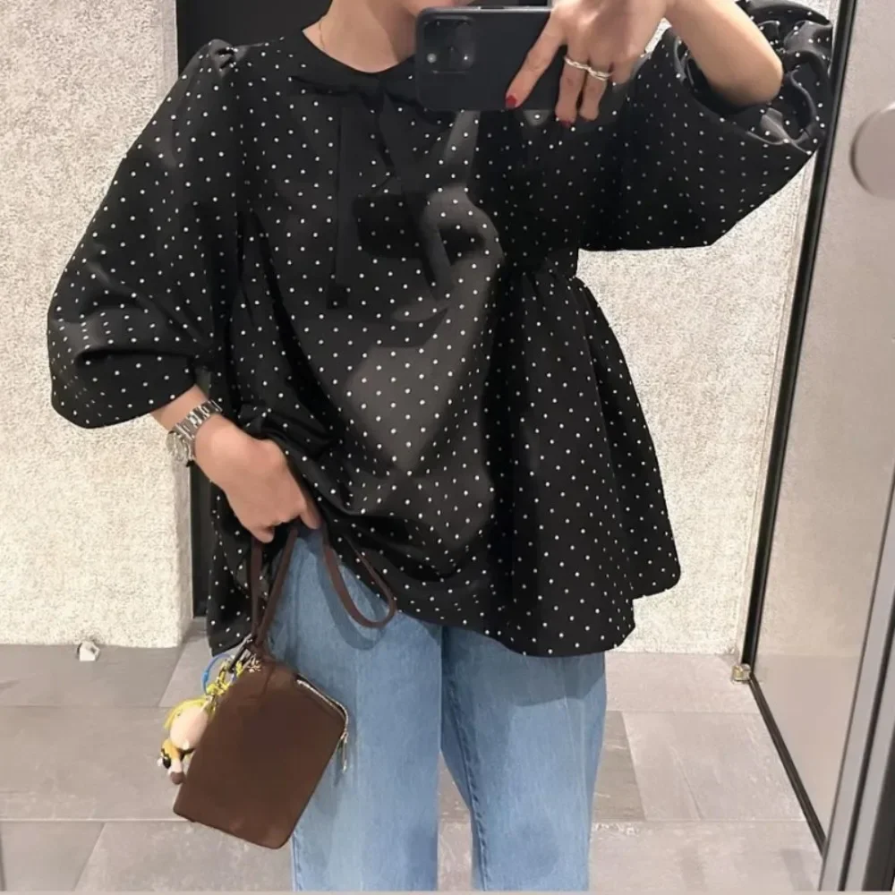 Kuzuwata Sweet O Neck Long Sleeve Polka Dot Casual Shirt All-match Bow Pullover Simple Blouses Japan New Elegant Doll Blusas