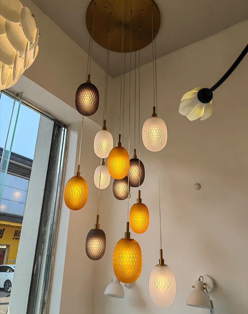 

2025 Modern Colorful Milan Exhibition Pineapple Head LED Glass Chandelier Ceiling Lamp G4 Lustre Lighting Fixture living room