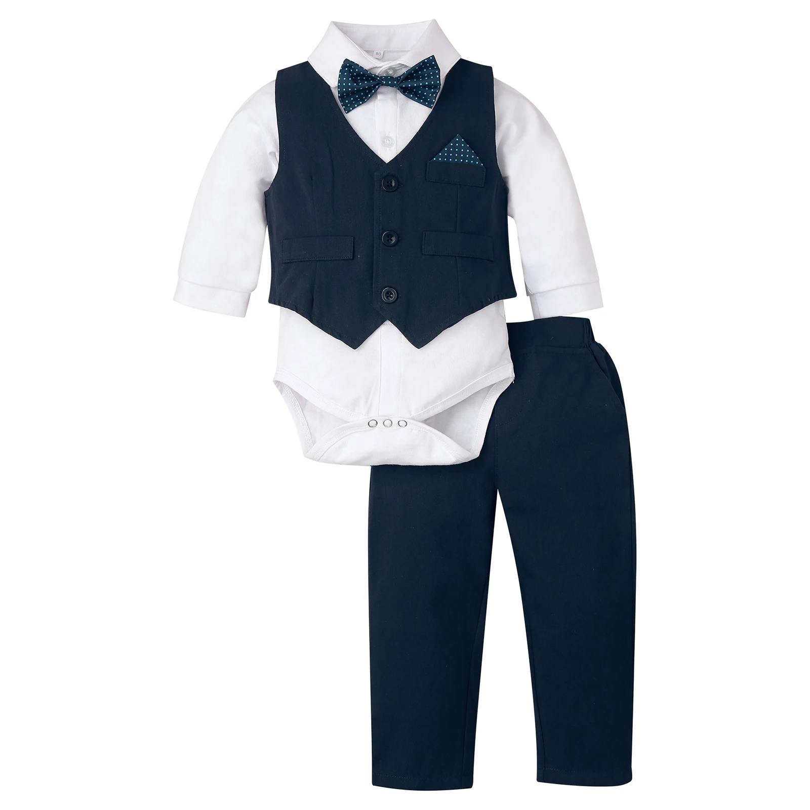 Kids Baby Boys Spring Autumn Clothes Gentleman Suit Long Sleeve Romper with Waistcoat Pants Bow Tie for Birthday Wedding Party