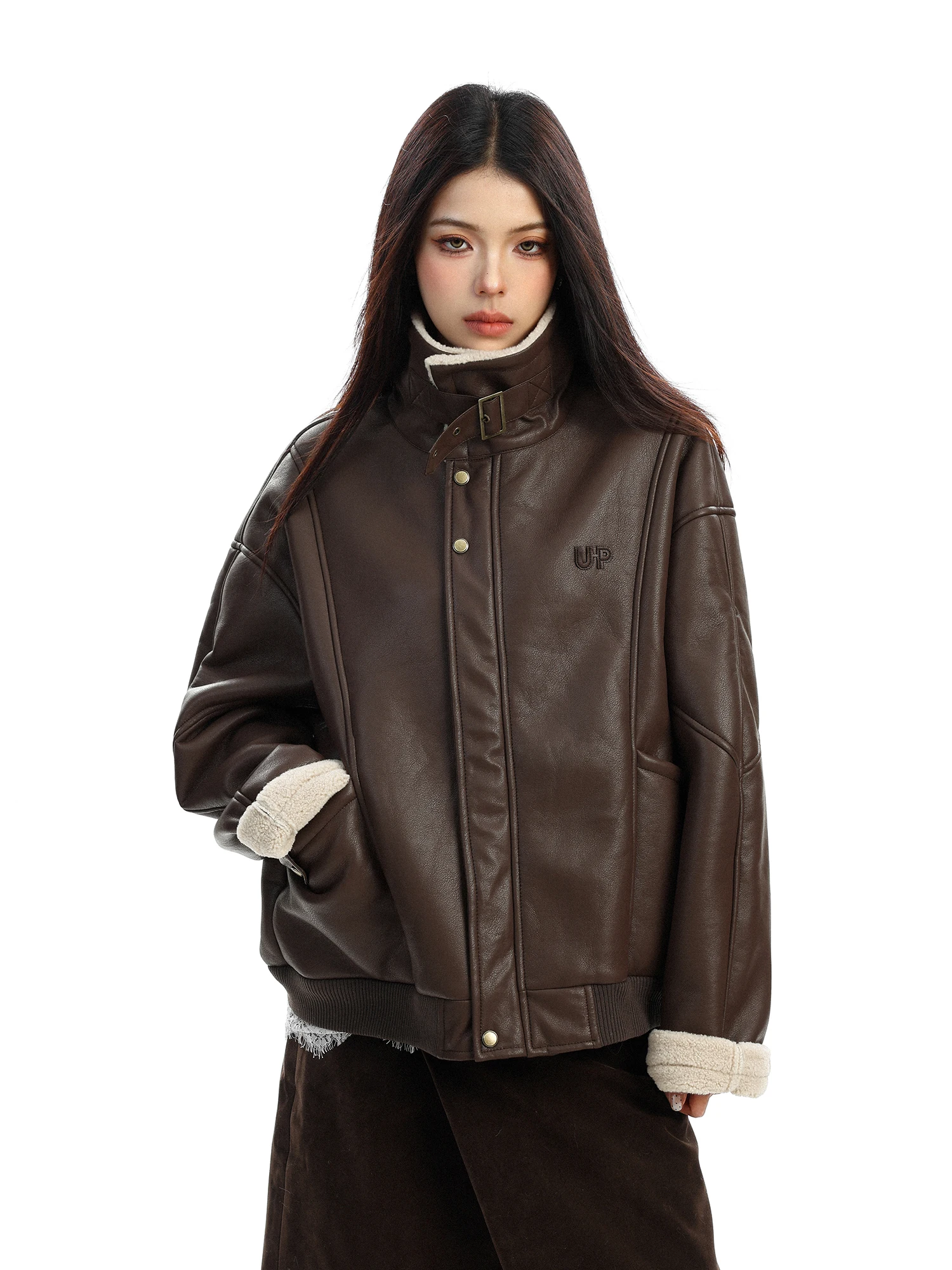 

Женская зимняя теплая куртка-косуха из искусственной кожи Thiened с воротником-стойкой, на хлопковой подкладке, ветрозащитная, из ПУ-кожи