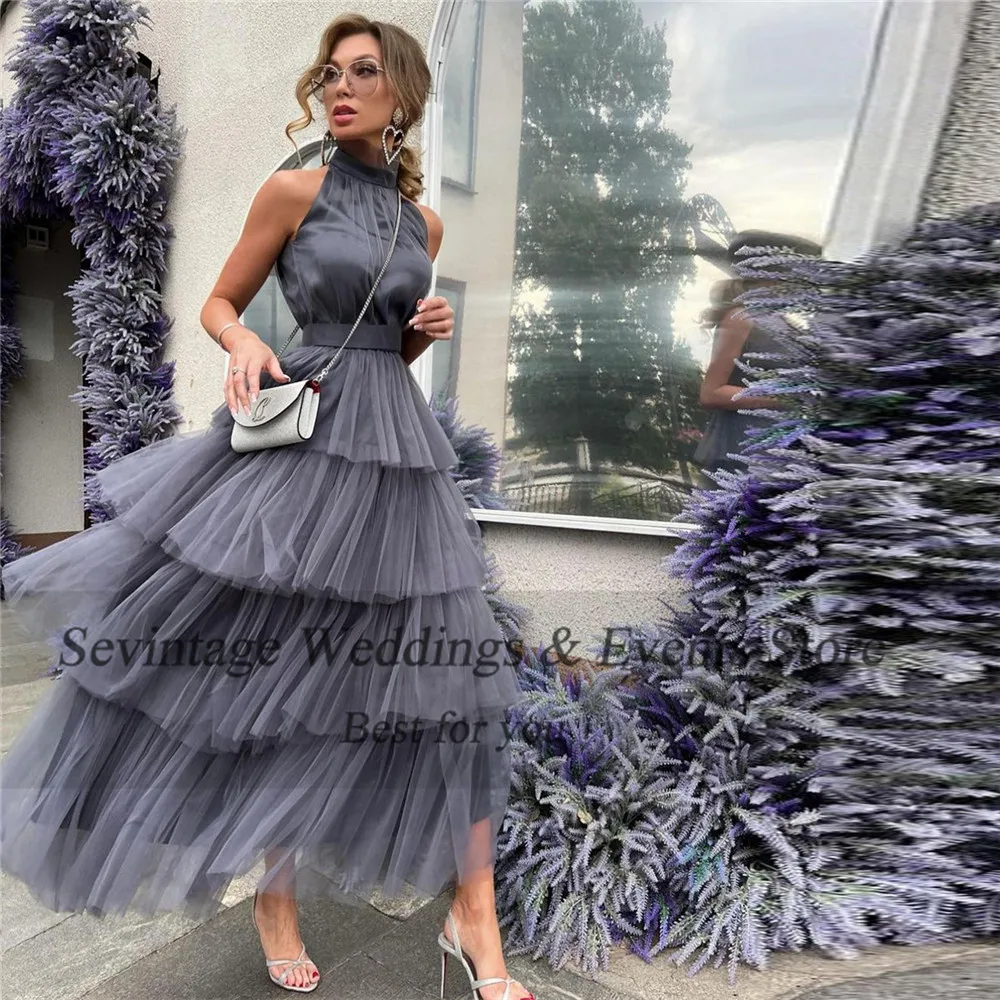 Sevintage Mature Grey Tulle Evening Dresses Halter Tiered Ankle Length Formal Women Prom Gowns Special Occasion Dresses 2023