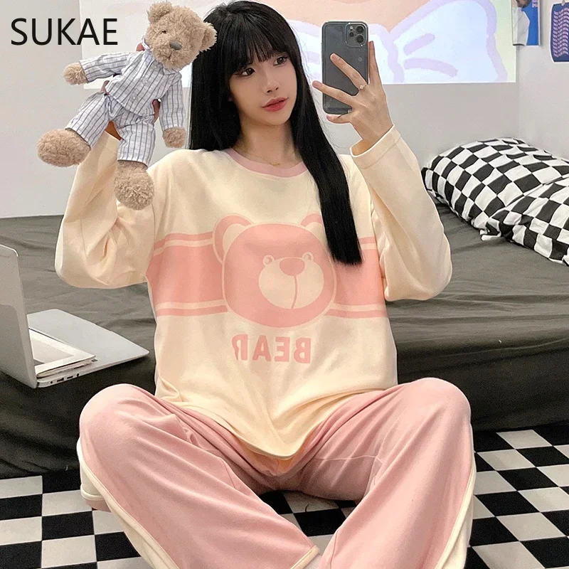 SUKAE Spring Autumn Long Sleeves Women Cotton Pajamas Sets Cute Cartoon Dinosaur Sleepwear Young Lady Homesuits Casual Pijamas