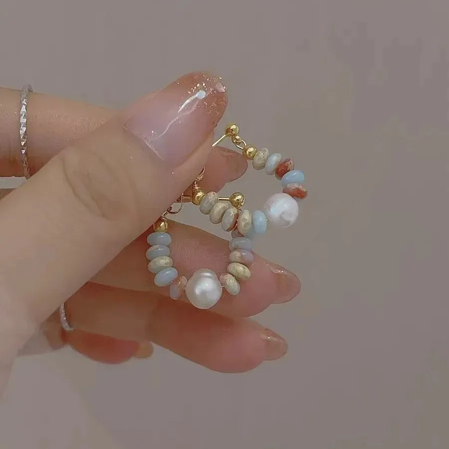 

Texture Design Natural Stone Beaded Pearl Vacation Style Pendant Earrings for Women Girls Fashion Jewelry Unusual Accessories
