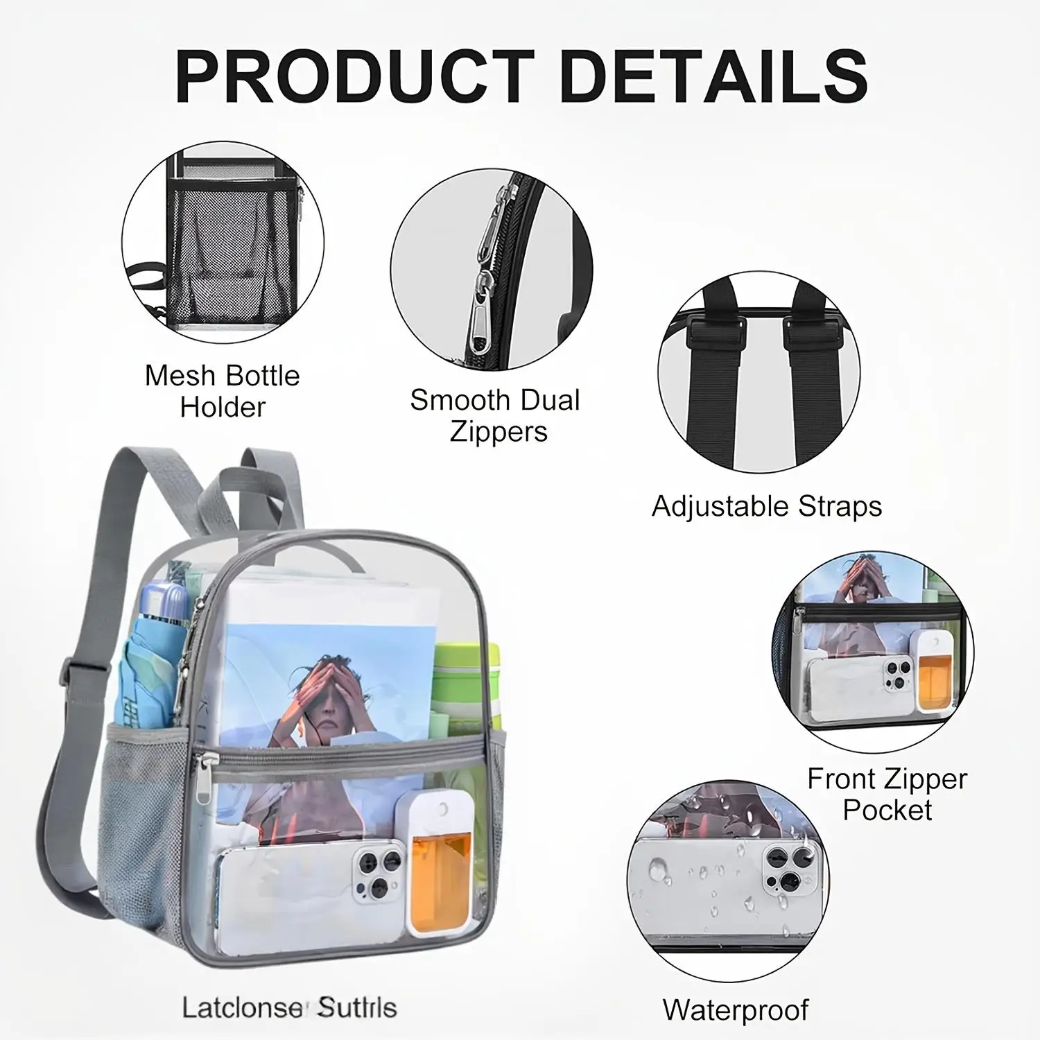 Mochila transparente para estádio aprovada, bolsa transparente à prova d'água para eventos de estádio e eventos esportivos de trabalho de concerto