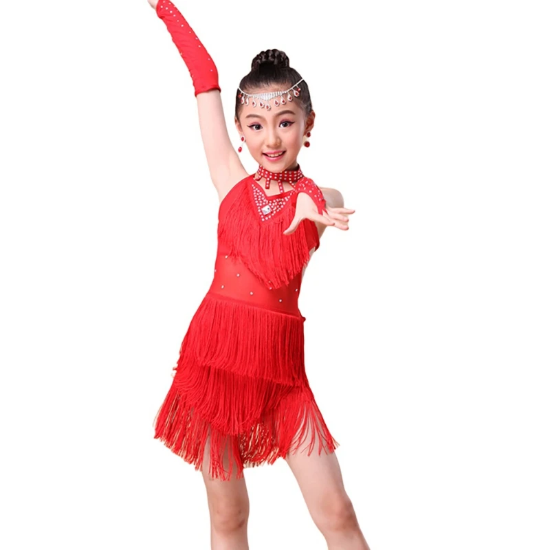 Girls Dance Dress Outfits Cha Cha Dress Kids Tango Skirt Carnival Wear Dancewear Latin Salsa Costumes Tassel Dancing Dress