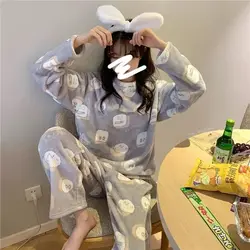 Autumn Winter Flannel Women's Pajamas Sets Cute Polka Dots Printed Teddy Sleepwear Velvet Homewear Set Girl Pijamas Mujer Pyjama